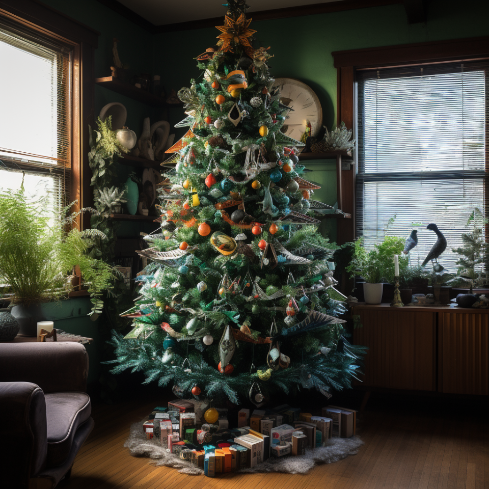 a rugged Christmas tree with various small ornaments all over and a flower-like ropper with a few small presents underneath it