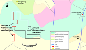 Location and geology of the Avispa Concessions Awarded (black) and Concessions in Application (red).