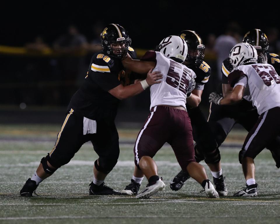 Southeast Polk offensive lineman Cade Borud (68) was named to the Des Moines Register's All-Iowa Elite team this season after helping the Rams to a state championship.