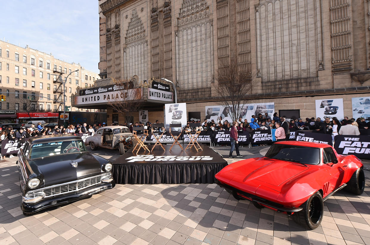 NEW YORK, NY - APRIL 11:  Cars from the movie on display as Vin Diesel and Michelle Rodriguez visit Washington Heights on behalf of "The Fate Of The Furious" on April 11, 2017 in New York City.  (Photo by Mike Coppola/Getty Images for Universal Pictures)