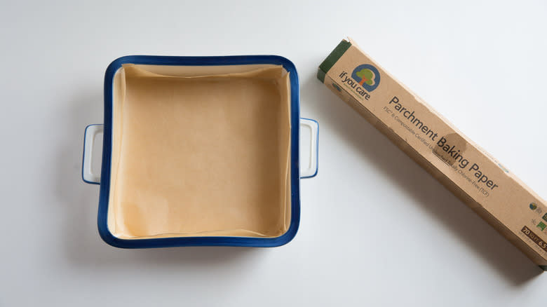 parchment paper lined baking dish