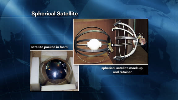 This NASA graphic shows the small, spherical satellite that cosmonauts Gennady Padalka and Yuri Malenchenko will toss into space during an Aug. 20, 2012, spacewalk outside the International Space Station.