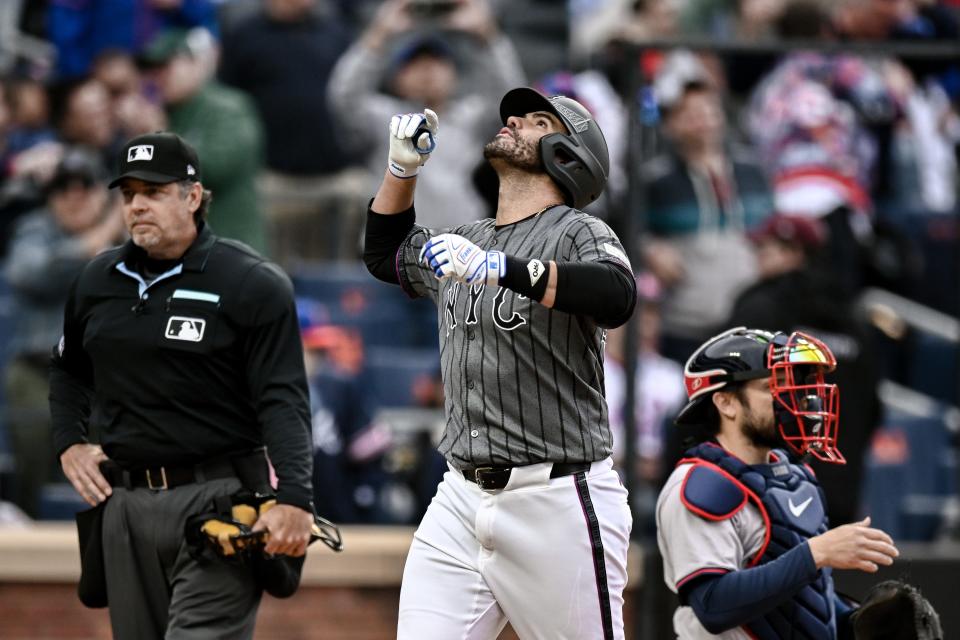 New York Mets designated hitter J.D. Martinez (28) reacts after hitting a solo home run against the Atlanta Braves during the ninth inning on May 11, 2024, at Citi Field.