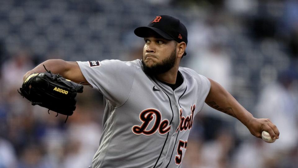 Detroit Tigers' Eduardo Rodriguez pitches against the Kansas City Royals on July 19, 2023, in Kansas City, Mo.