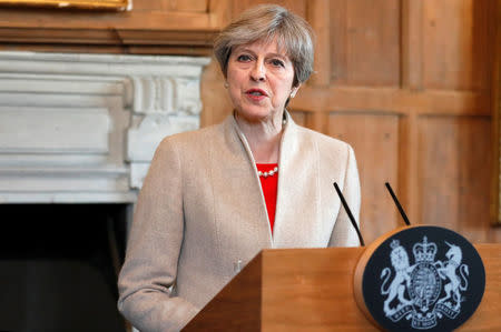 Britain's Prime Minister Theresa May and Prime Minister Shinzo Abe of Japan (UNSEEN) hold a joint news conference at Chequers, near Wendover, Britain April 28, 2017. REUTERS/Kirsty Wigglesworth/Pool