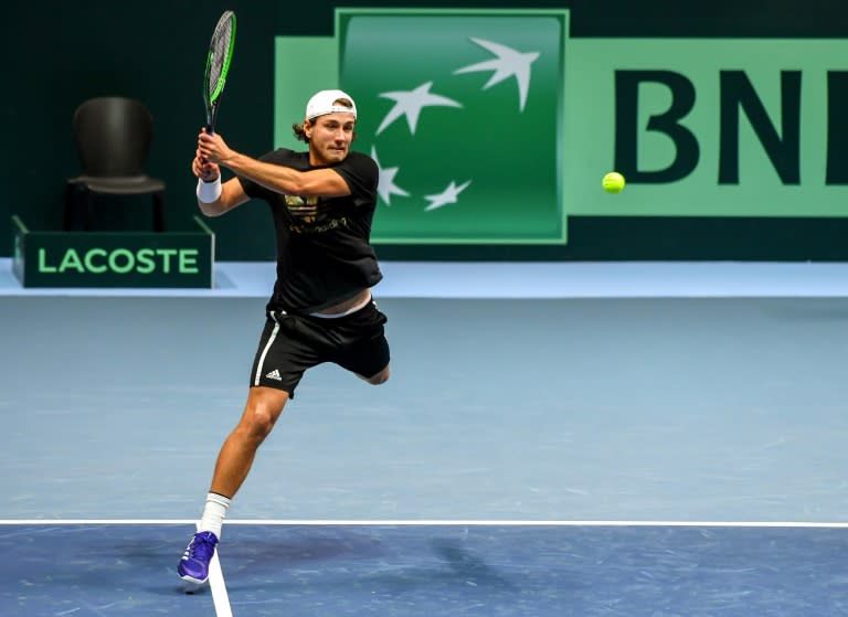 France's tennis player Lucas Pouille attends a training session in Villeneuve d'Ascq on November 22, 2017, ahead of their Davis Cup World Group final against Belgium