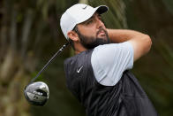 Scottie Scheffler watches his tee shot on the second hole during the final round of the RBC Heritage golf tournament, Sunday, April 21, 2024, in Hilton Head Island, S.C. (AP Photo/Chris Carlson)