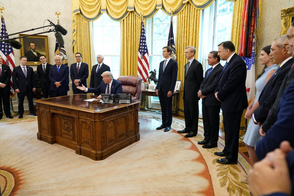 President Donald Trump speaks in the Oval Office of the White House on Friday, Sept. 11, 2020, in Washington. Bahrain has become the latest Arab nation to agree to normalize ties with Israel as part of a broader diplomatic push by Trump and his administration to fully integrate the Jewish state into the Middle East. (AP Photo/Andrew Harnik)