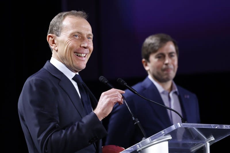 Emilio Butragueno (L), Real Madrid CF's director of institutional relations, and Peter O'Reilly, an NFL vice president, discuss the plan for two NFL teams to play in Spain in 2025, during a press conference Friday at the Mandalay Bay Convention Center in Las Vegas. Photo by John Angelillo/UPI