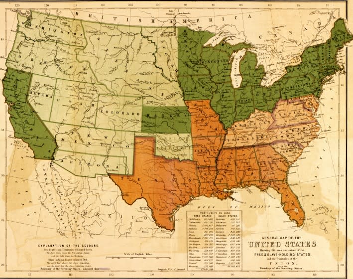 A map of the United States, showing the distinctions and boundaries between slave-holding and free states as well as the territories of the Union, 1857. Illustration published in London, England by W and A.K. Johnson. (Photo by Buyenlarge/Getty Images)