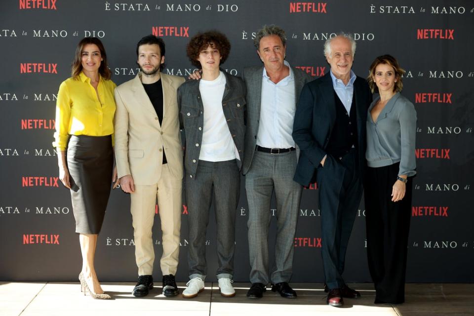 Director Sorrentino (third right) with (from left) ‘The Hand of God’ actors Luisa Ranieri, Marlon Joubert, Filippo Scotti, Toni Servillo and Teresa Saponangelo (Getty/Netflix)