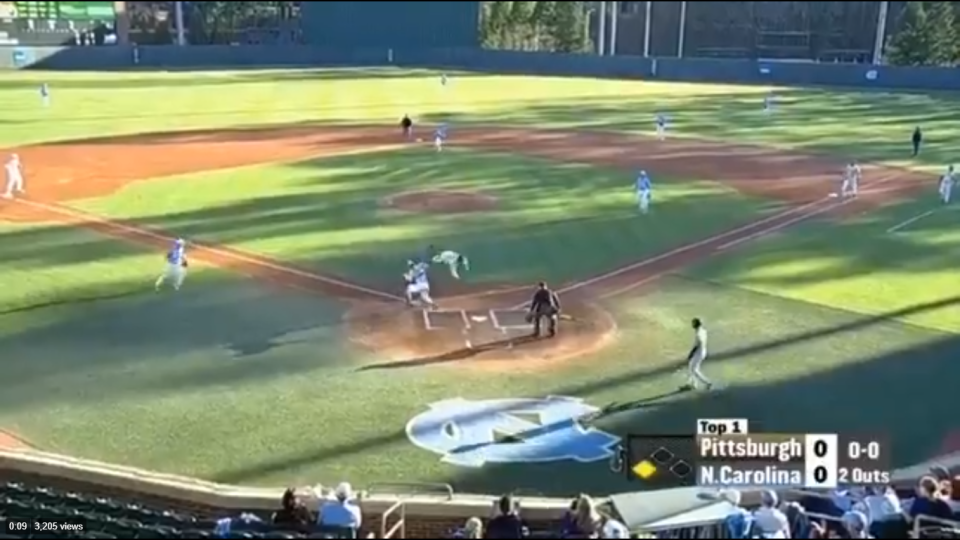 Pittsburgh’s Alex Amos goes airborne to score a crazy run. (@PittBaseball)