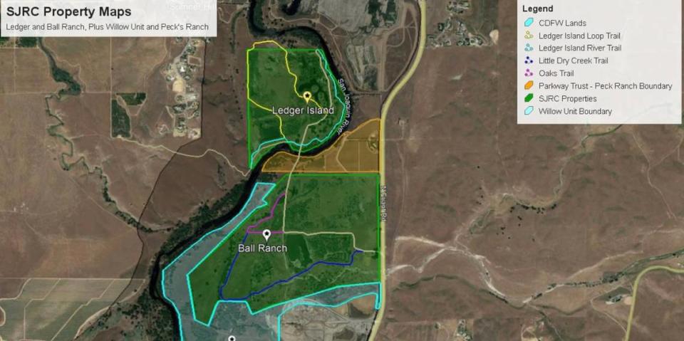 A map showing San Joaquin River Properties Ball Ranch and Ledger Island a few miles north of Fresno along Friant Road (in yellow).