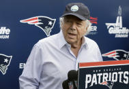 FILE - In this June 7, 2018, file photo, New England Patriots owner Robert Kraft speaks with reporters following an NFL football minicamp practice, in Foxborough, Mass. Police in Florida have charged New England Patriots owner Robert Kraft with misdemeanor solicitation of prostitution, saying they have videotape of him paying for a sex act inside an illicit massage parlor. Jupiter police told reporters Friday, Feb. 22, 2019, that the 77-year-old Kraft has not been arrested. (AP Photo/Steven Senne, File)