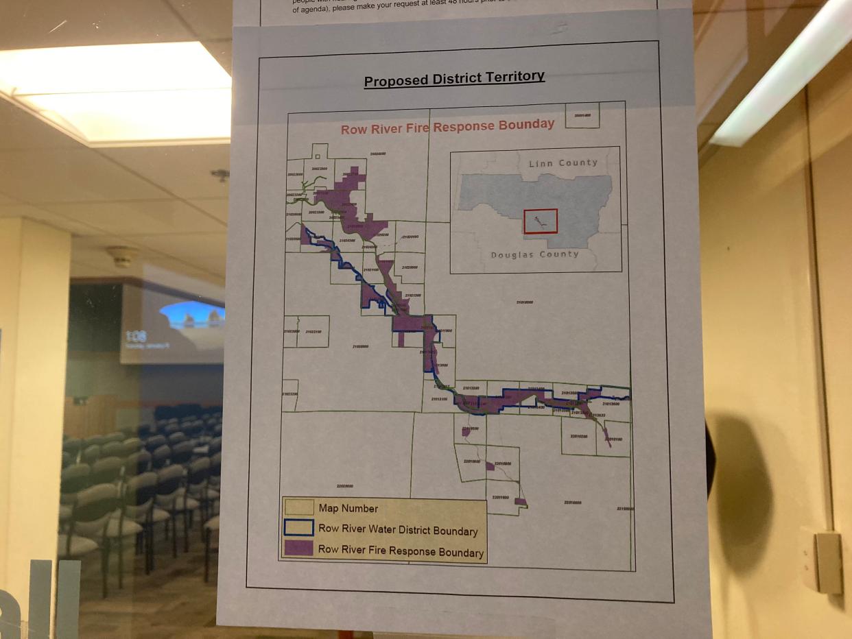 A map of the proposed Row River fire district posted in front of Harris Hall, the meeting room of the Lane County Board of Commissioners