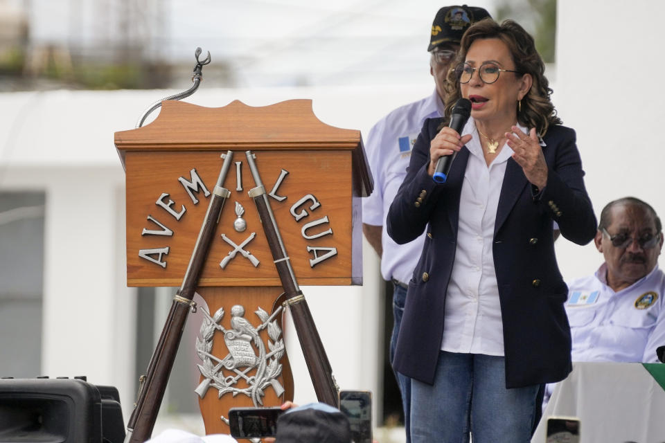 Sandra Torres, presidential candidate of UNE party, delivers her speech to Guatemalan Army veterans during a meeting in Guatemala City, Tuesday, Aug. 15, 2023. Torres will face Bernardo Arévalo of the Seed Movement party in an Aug. 20 runoff election. (AP Photo/Moises Castillo)