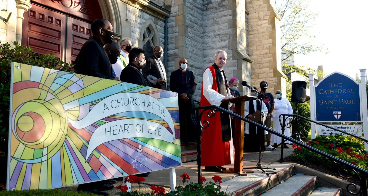 Bishop Sean Rowe of the Episcopal Dioceses of Northwestern Pennsylvania and Western New York, speaks Aug. 7, 2020, during a vigil outside the Episcopal Cathedral of St. Paul in Erie. Clergy members gathered to denounce racism and call for healing.