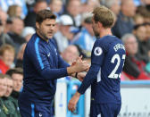 <p>Soccer Football – Premier League – Huddersfield Town vs Tottenham Hotspur – John Smith’s Stadium, Huddersfield, Britain – September 30, 2017 Tottenham manager Mauricio Pochettino embraces Christian Eriksen after he is substituted REUTERS/Peter Powell EDITORIAL USE ONLY. No use with unauthorized audio, video, data, fixture lists, club/league logos or “live” services. Online in-match use limited to 75 images, no video emulation. No use in betting, games or single club/league/player publications. Please contact your account representative for further details. </p>