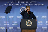 President Donald Trump looks out as the crowd as he speaks at the 2019 National Historically Black Colleges and Universities (HBCU) Week Conference, Tuesday, Sept. 10, 2019, in Washington. (AP Photo/Jacquelyn Martin)