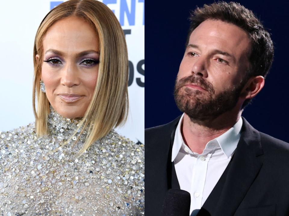 On the left: Jennifer Lopez posing at the 35th Film Independent Spirit Awards on Saturday, February 8, 2020. On the right: Ben Affleck on stage at a Global Citizen event in Inglewood, California.