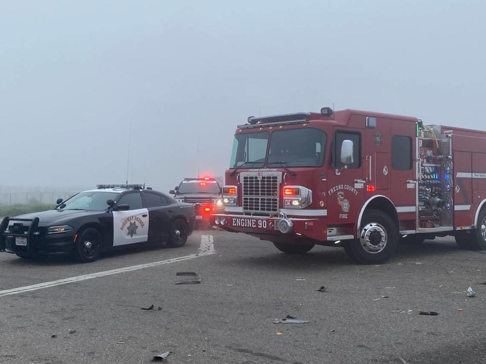 One person died Friday morning and four more were injured in a collision in foggy conditions on Highway 41 south of Fresno.