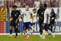 United States forward Christian Pulisic (10) reacts to missing a shot against Canada during the second half of a World Cup soccer qualifier Sunday, Sept. 5, 2021, in Nashville, Tenn. (AP Photo/Mark Humphrey)