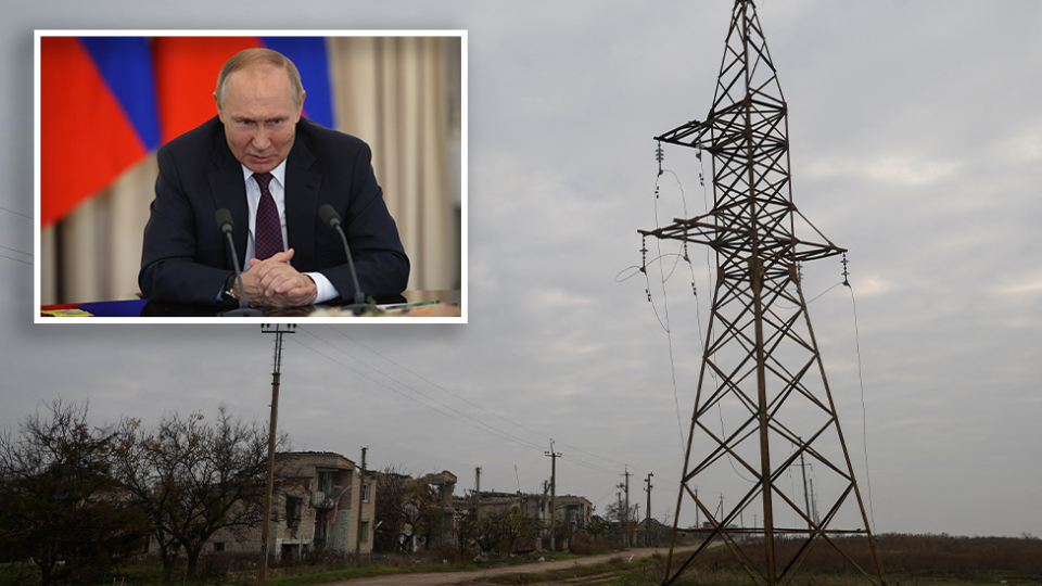 Damaged high-voltage powerlines. Inset: Vladimir Putin with his hands clasped.