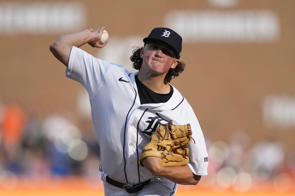 Detroit Tigers starting pitcher Reese Olson throws during the first inning of a baseball game against the Tampa Bay Rays, Friday, Aug. 4, 2023, in Detroit. (AP Photo/Carlos Osorio)