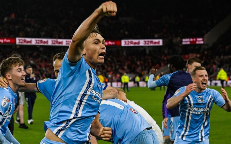 Callum Doyle of Coventry City celebrates on the pitch after their play-off semi-final win over Middlesbrough - Steve Ogrizovic interview: Our new fans think Coventry always wins –  I can tell them otherwise - Shutterstock/Greig Cowie