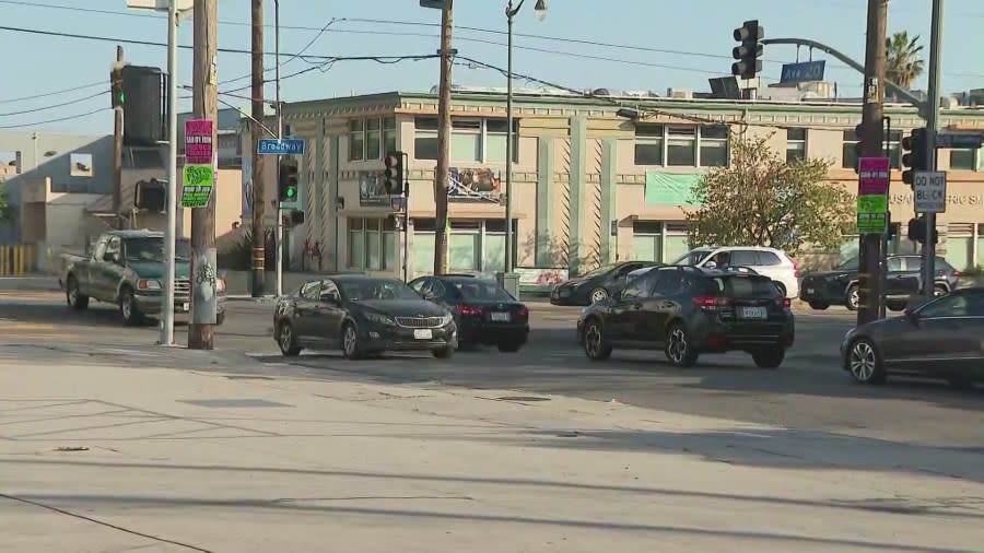 The busy intersection of South Avenue 20 and North Broadway in the Lincoln Heights neighborhood of Los Angeles. (KTLA)