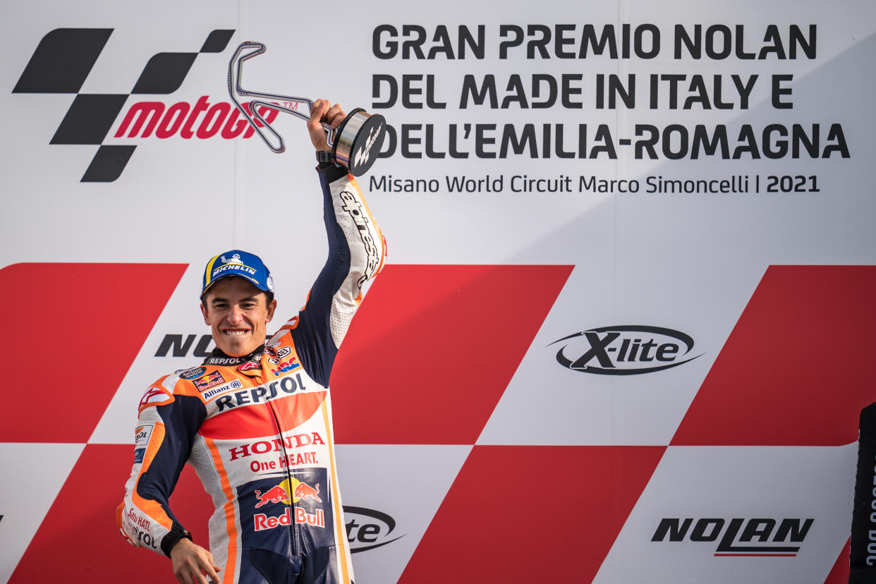 MISANO ADRIATICO, ITALY - OCTOBER 24: Marc Marquez of Spain and Repsol Honda Team celebrates with his trophy during the race of the MotoGP Gran Premio Nolan del Made in Italy e dell'Emilia-Romagna at Misano World Circuit on October 24, 2021 in Misano Adriatico, Italy. (Photo by Steve Wobser/Getty Images)