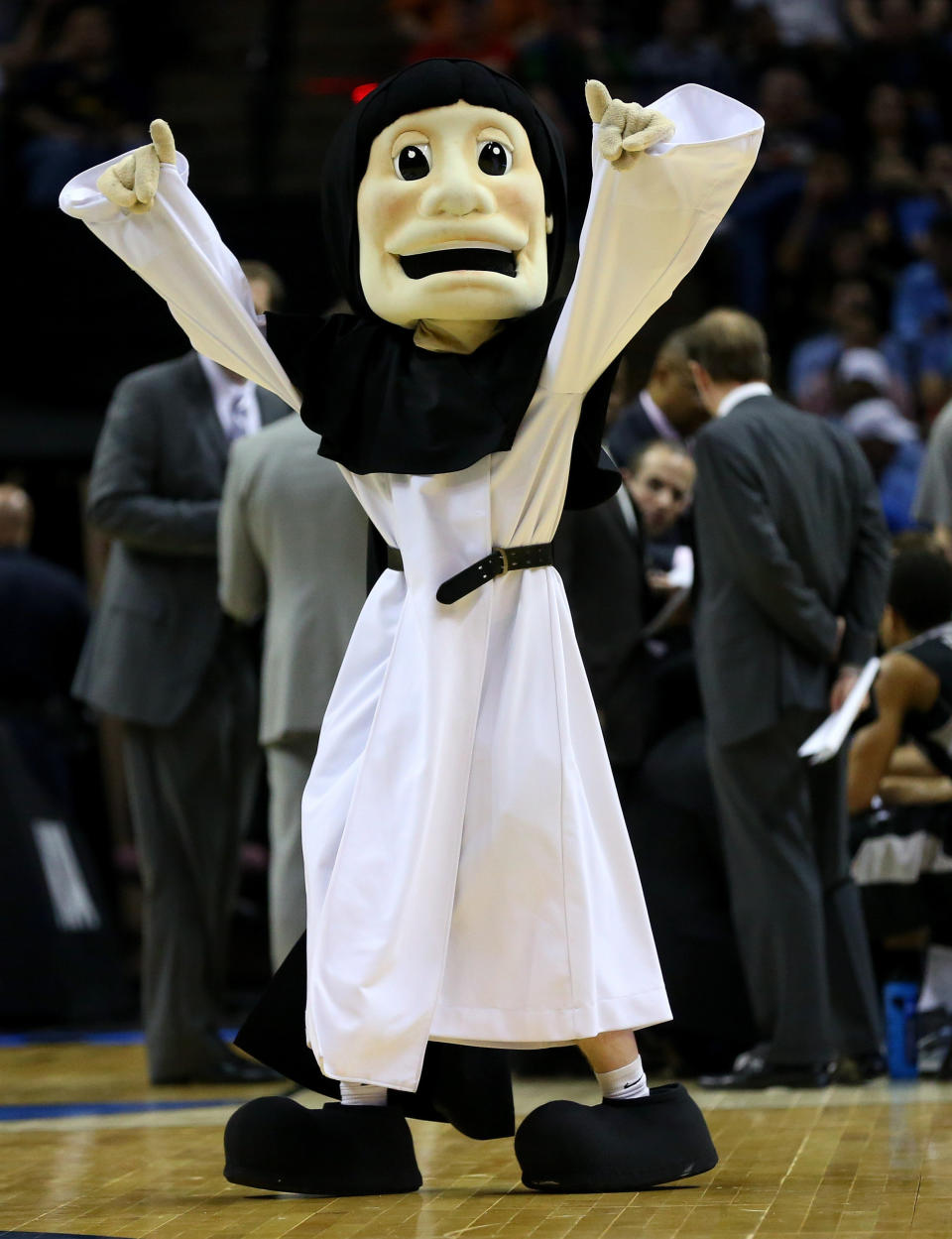 SAN ANTONIO, TX - MARCH 21:  The Providence Friars mascot is shown during a timeout of the Friars game against the North Carolina Tar Heels during the second round of the 2014 NCAA Men's Basketball Tournament at AT&T Center on March 21, 2014 in San Antonio, Texas.  (Photo by Ronald Martinez/Getty Images)