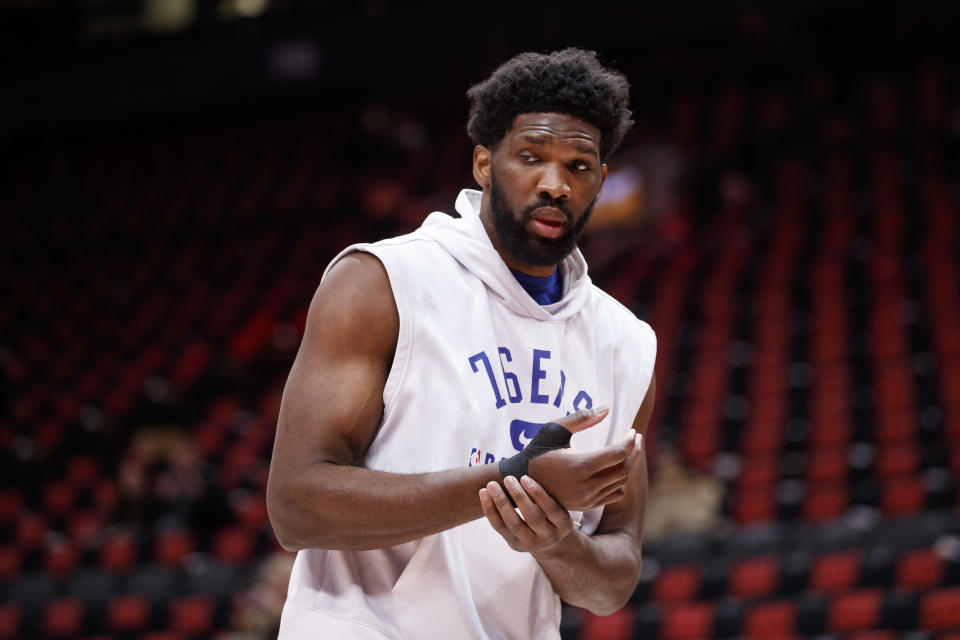 Joel Embiid of the 76ers reportedly needs surgery on his thumb, but will wait until after the playoffs to get it. (Photo by Cole Burston/Getty Images)