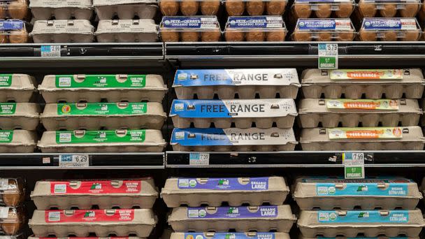 PHOTO: Caption: The most affordable carton of 12 eggs at the Gristedes supermarket above cost over $5, while larger supermarkets like Whole Foods can undercut smaller competitors with $3 cartoons. (ABC News)