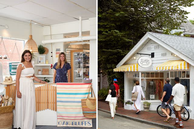 <p>Elizabeth Cecil</p> From left: Sofie Green, left, and Ashley Rohlfing at their Oak Bluffs shop, Island Outfitters; Slate, a clothing store in Edgartown.