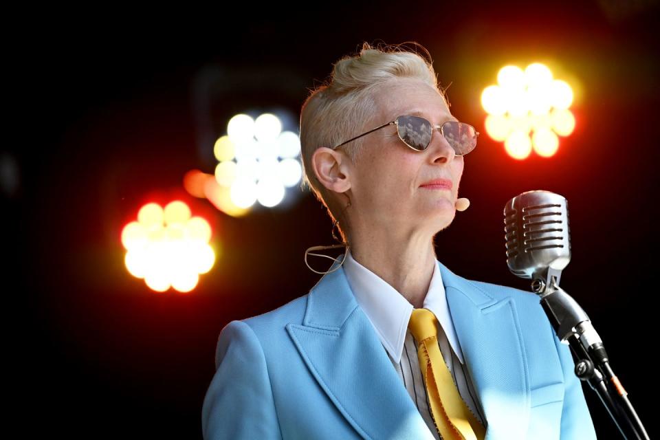 glastonbury, england june 24 tilda swinton performs with max richter on the park stage on day 4 of glastonbury festival 2023 on june 24, 2023 in glastonbury, united kingdom photo by leon nealgetty images