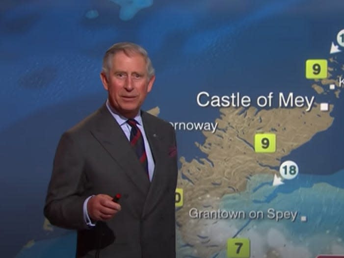 Prince Charles gives the BBC weather forecast.