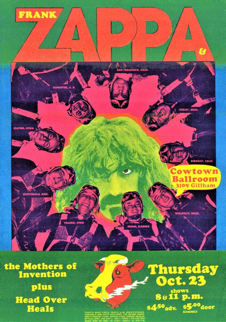 Dennis Giangreco produced this poster for a concert by Frank Zappa and the Mothers of Invention at the Cowtown Ballroom. It is on display at the Kansas City Museum.