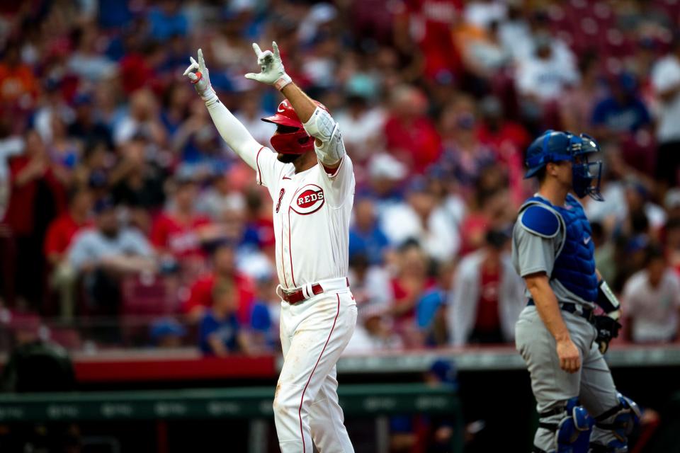 Cincinnati Reds right fielder Albert Almora Jr. (3) celebrates after hitting a game tying solo home run in the fifth inning of the MLB game between the Cincinnati Reds and the Los Angeles Dodgers in Cincinnati at Great American Ball Park on Wednesday, June 22, 2022. 