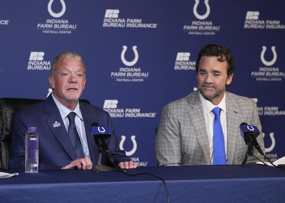 Indianapolis Colts owner Jim Irsay, left, speaks as interim coach Jeff Saturday listens during a news conference at the NFL football team&#39;s practice facility Monday, Nov. 7, 2022, in Indianapolis. (AP Photo/Darron Cummings)