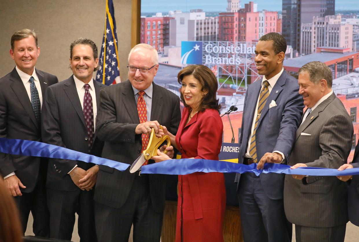 Gov. Kathy Hochul, pictured above at the opening of Constellation Brands' new headquarters in downtown Rochester, remembers the flooding experienced by Canandaigua residents a year ago and says "We are in a new era of climate change."