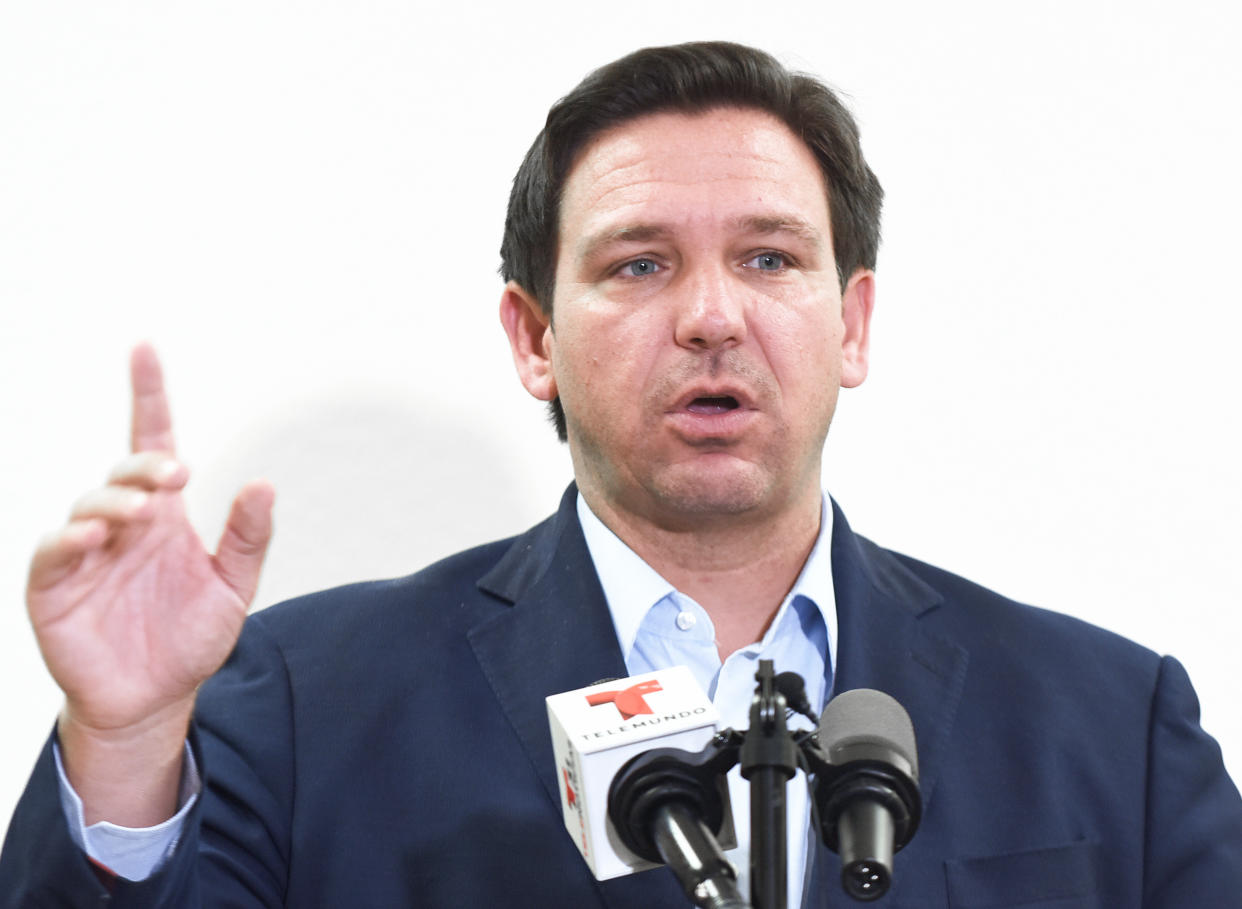 Florida Governor Ron DeSantis speaks at a press conference to announce the opening of a monoclonal antibody treatment site for COVID-19 patients at Lakes Church in Lakeland, Florida, on August 21, 2021. (Photo by Paul Hennessy/SOPA Images/LightRocket via Getty Images)