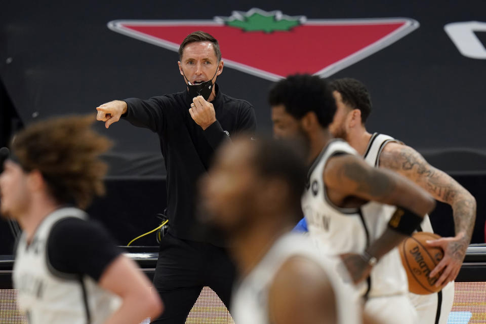 Brooklyn Nets head coach Steve Nash calls a play during the second half of an NBA basketball game against the Toronto Raptors Tuesday, April 27, 2021, in Tampa, Fla. (AP Photo/Chris O'Meara)