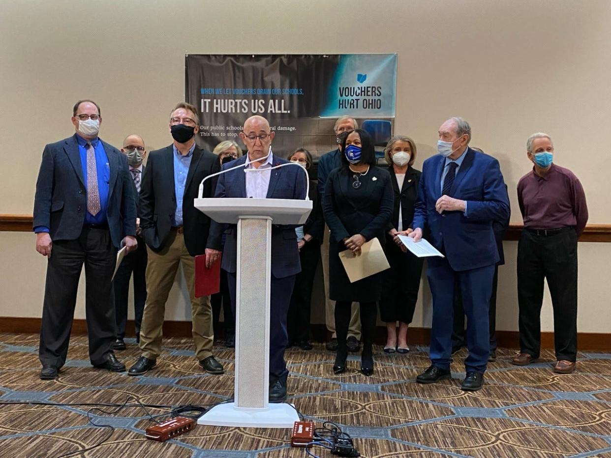 Eric Brown, a school board member for Columbus City Schools, announces a historic lawsuit challenging the constitutionality of Ohio's EdChoice scholarship programs on January 4, 2022.