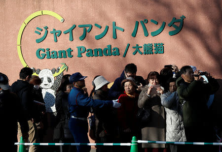 Visitors wait to watch female baby panda Xiang Xiang, born from mother panda Shin Shin on June 12, 2017, on the first day of her public debut at Ueno Zoological Gardens in Tokyo, Japan December 19, 2017. REUTERS/Issei Kato