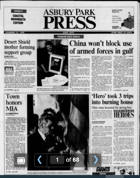 Asbury Park Press front page from Nov. 12, 1990 covering the dedication of the Walter Wrobleski memorial at Freehold American Legion Post 54