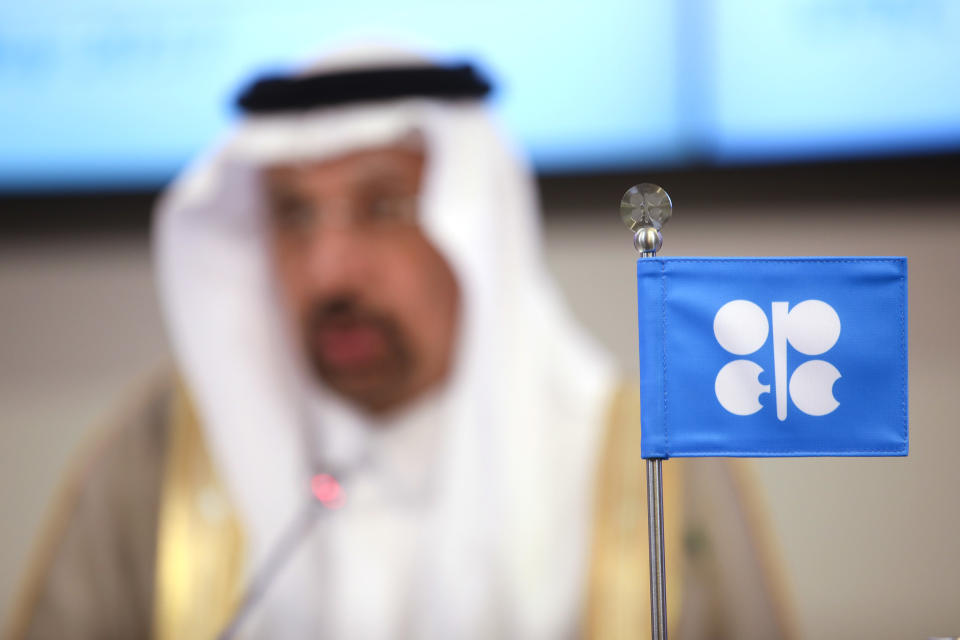 An OPEC flag stands on the desk as Khalid Bin Abdulaziz Al-Falih, Saudi Arabia’s energy minister and president of OPEC Photographer: Akos Stiller/Bloomberg via Getty Images