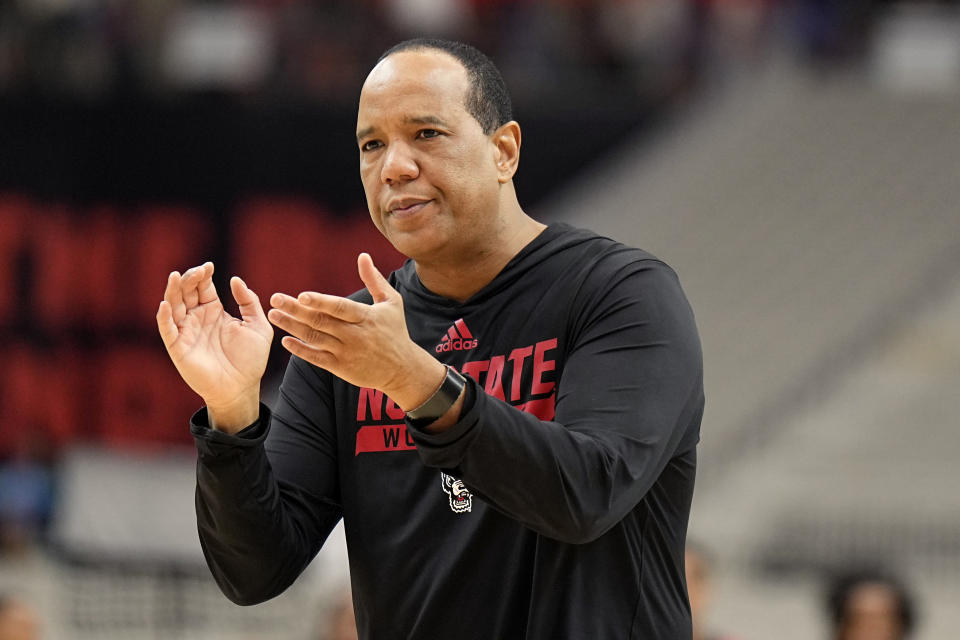 NC State head coach Kevin Keatts watches his team practice ahead of a Final Four college basketball game in the NCAA Tournament, Friday, April 5, 2024, in Glendale, Ariz. North Carolina State plays Purdue. (AP Photo/Brynn Anderson )