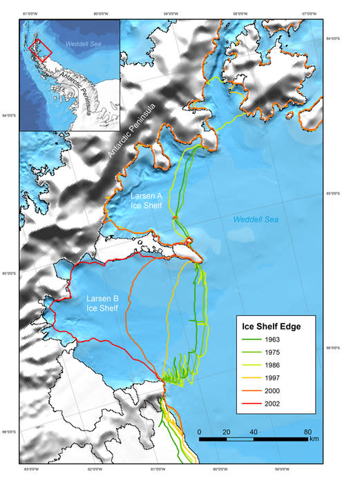 Map of the Western Weddell Sea with lines which show the retreat of the Larsen A and Larsen B ice shelves.