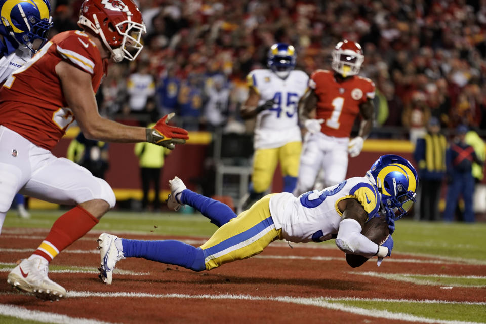 Los Angeles Rams safety Nick Scott intercepts a pass in the end zone during the second half of an NFL football game against the Kansas City Chiefs Sunday, Nov. 27, 2022, in Kansas City, Mo. (AP Photo/Ed Zurga)